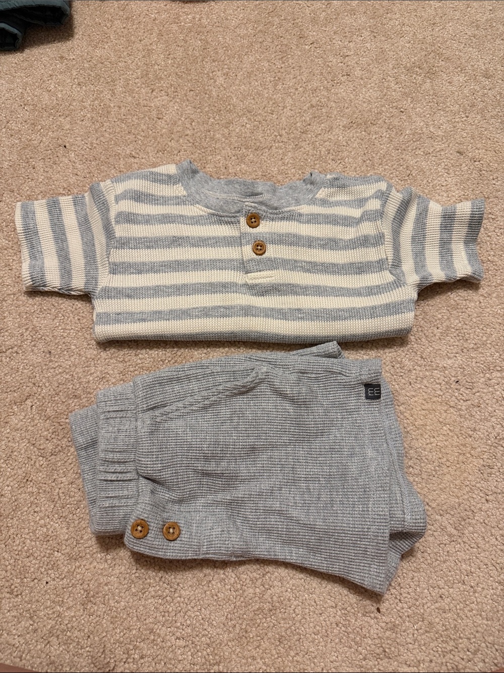 Striped Knit Henley Top & Knit Pants Set - Cream and Light Gray